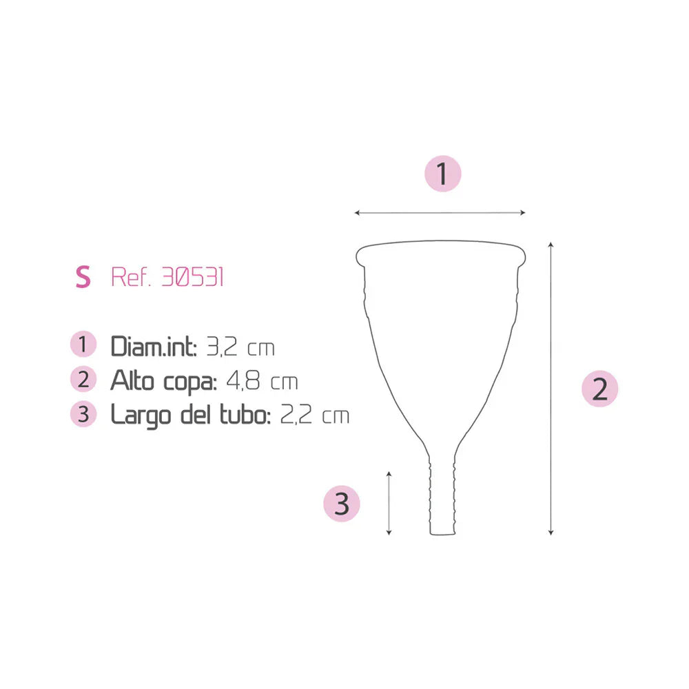 Menstrual cup size chart diagram with labeled diameter and height