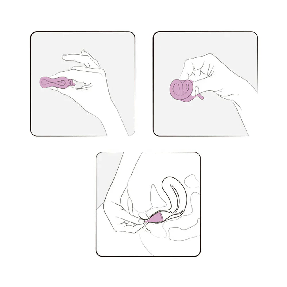 Menstrual cup usage diagram with hands holding the pink cup