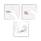 Menstrual cup usage diagram with hands holding the pink cup