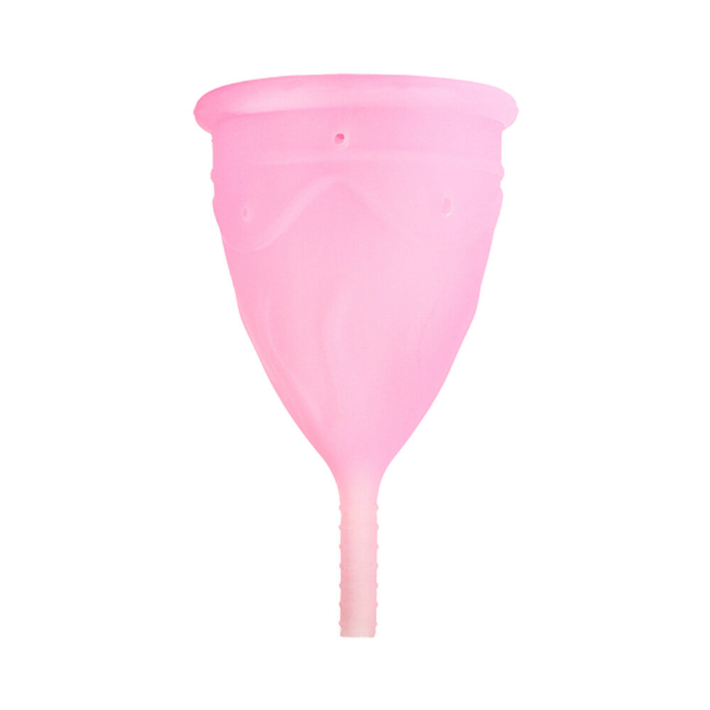 Pink menstrual cup, funnel shape with rim and short stem