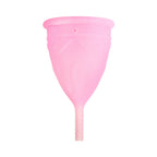 Pink menstrual cup, funnel shape with rim and short stem