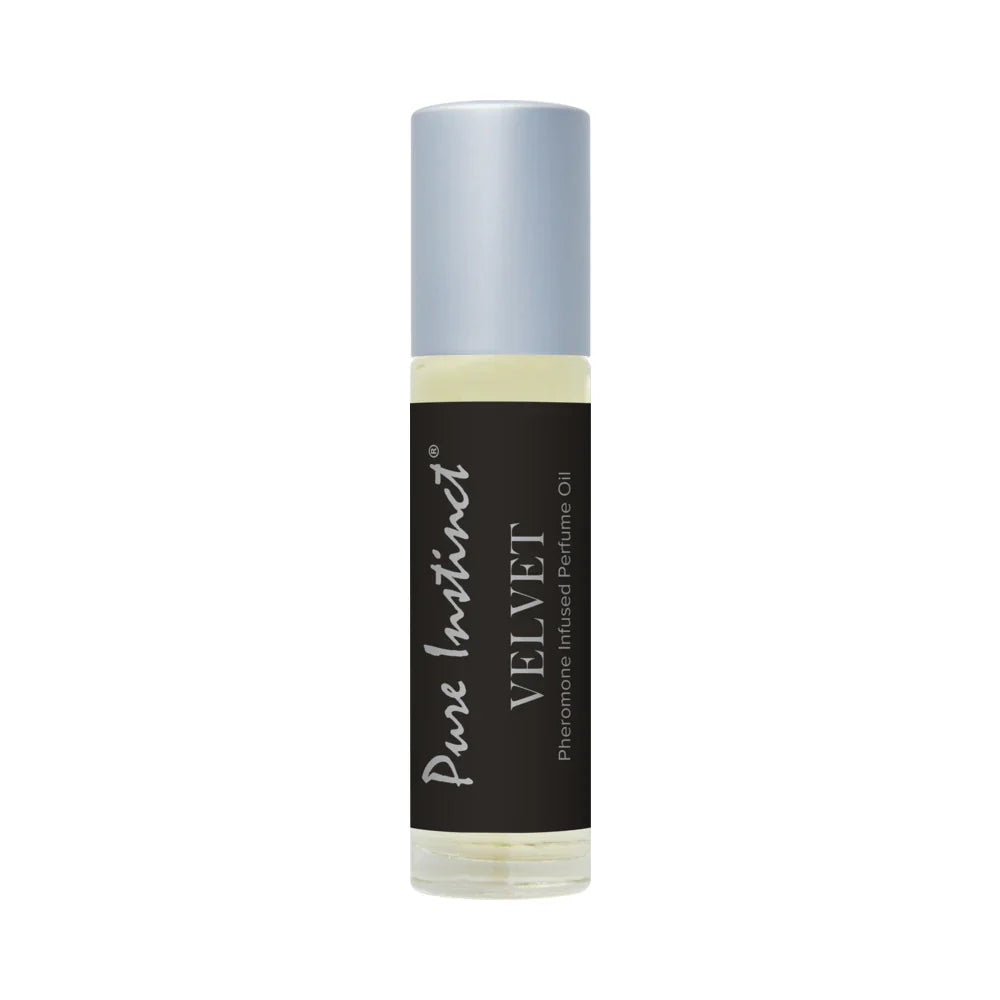 Velvet pheromone roll-on bottle with silver cap and black label