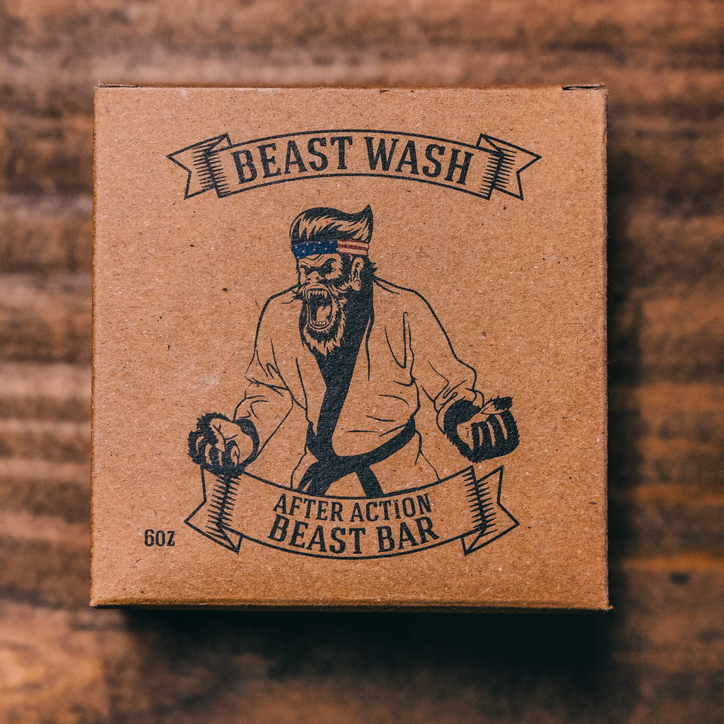 Beast Wash cardboard box with bearded fighter illustration and After Action Beast Bar label