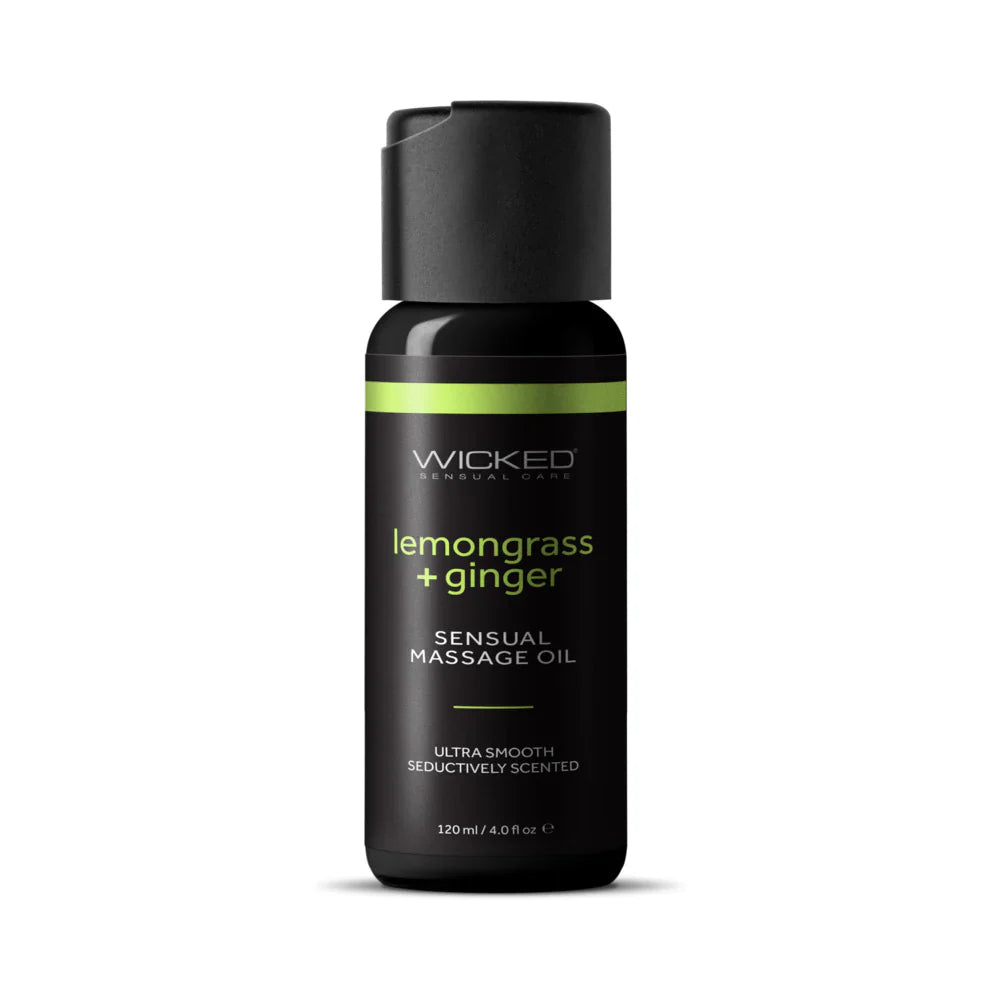 Massage oil bottle by Wicked, lemongrass + ginger scent, with green stripe.