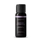 Massage oil bottle by Wicked, lavender + rosemary scent, with purple stripe.