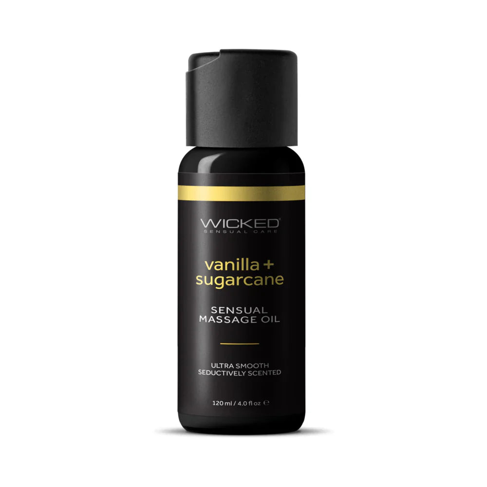 Massage oil bottle by Wicked, vanilla + sugarcane scent, with gold stripe.