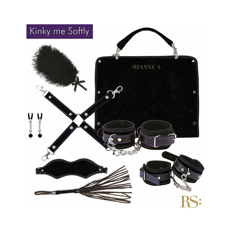 Black soft bondage accessories set with satin blindfold, cuffs, feather duster, case