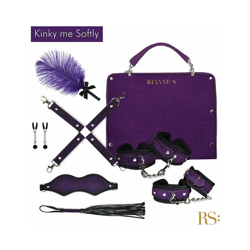 Purple soft bondage accessories set with feather duster, cuffs, restraints and carrying case