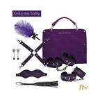 Purple soft bondage accessories set with feather duster, cuffs, restraints and carrying case