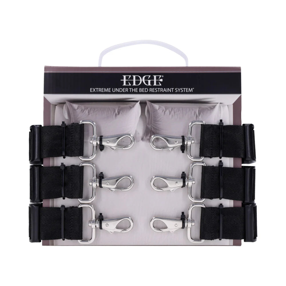 Under-bed restraint system in retail packaging, black straps with chrome hooks and rings