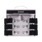 Under-bed restraint system in retail packaging, black straps with chrome hooks and rings