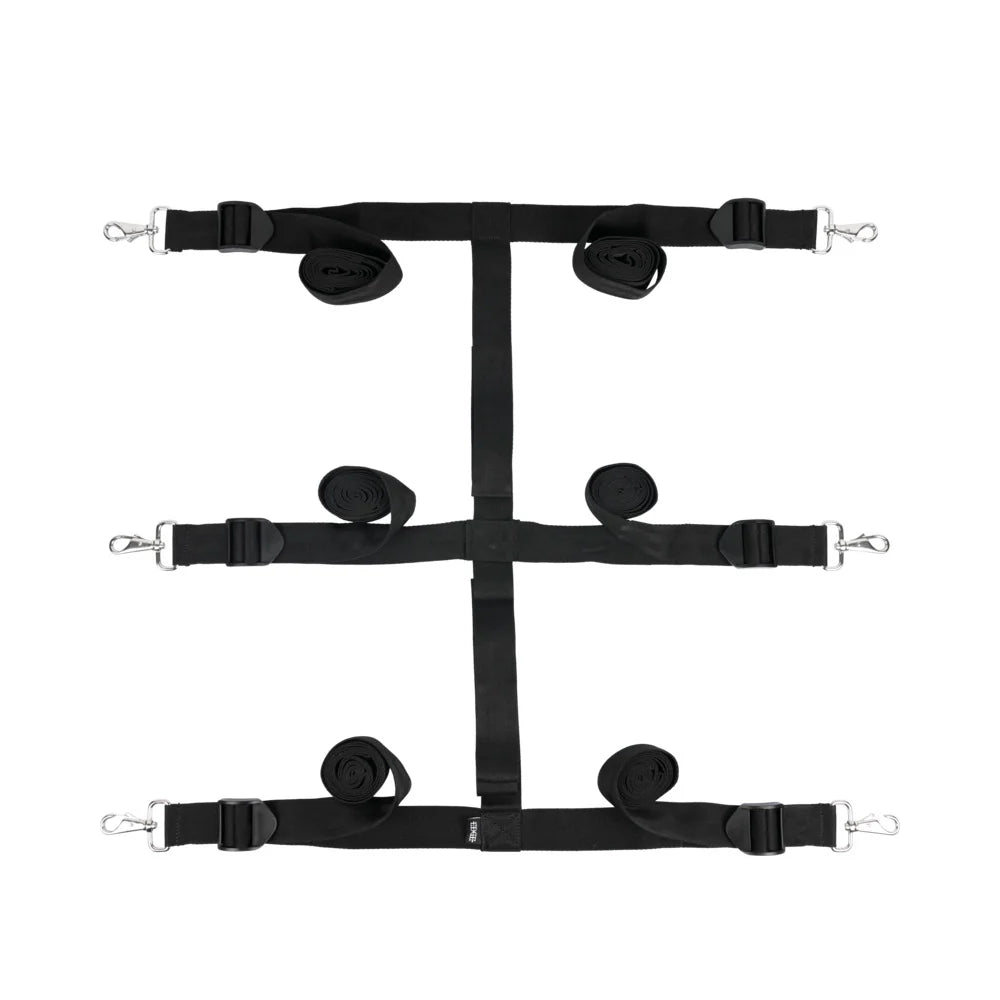 Under-bed restraint system straps with black webbing and metal hooks, three-piece layout