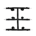 Under-bed restraint system straps with black webbing and metal hooks, three-piece layout