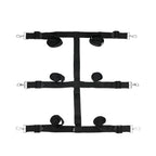 Under-bed restraint system straps with black webbing and metal hooks, three-piece layout
