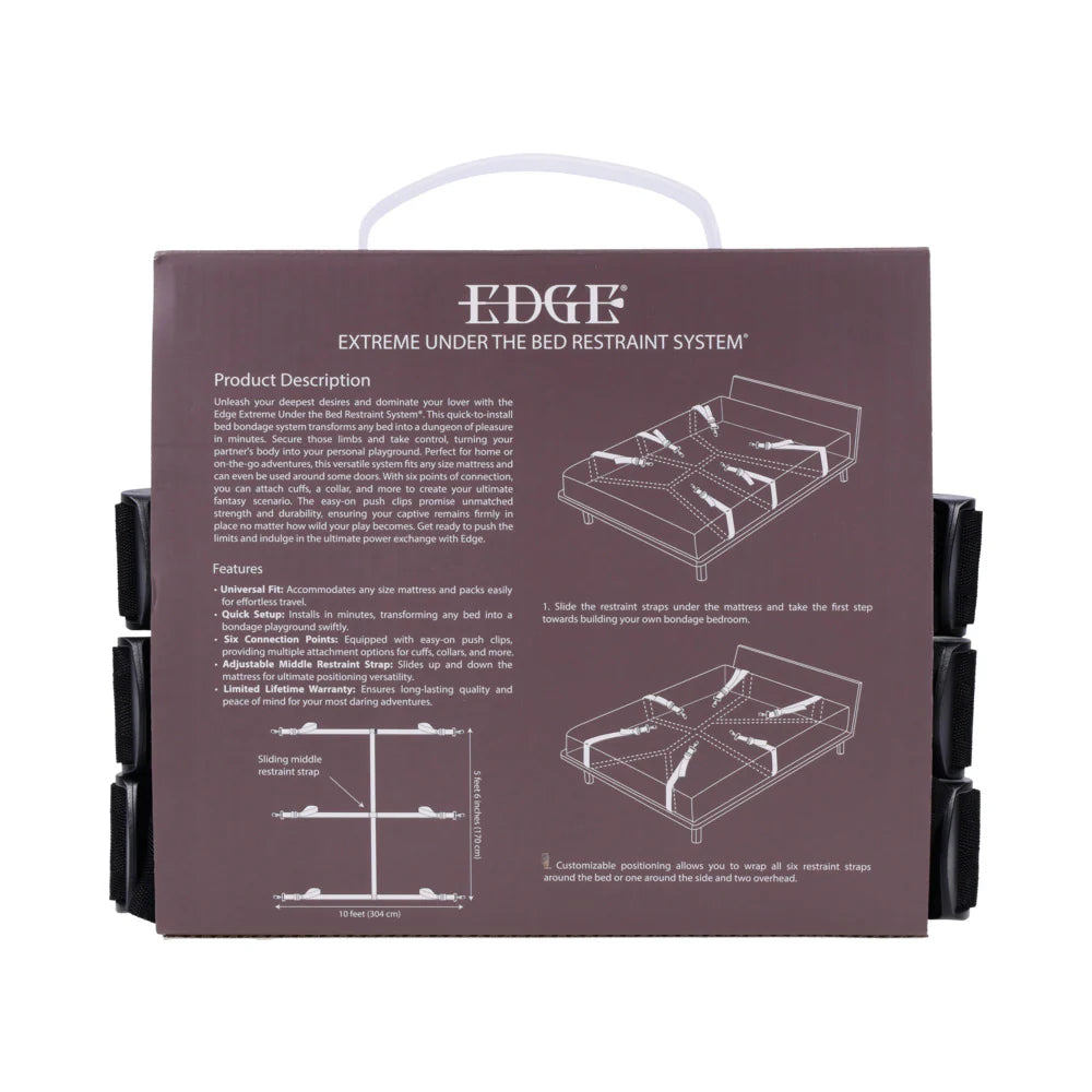 Under-bed restraint system box with feature text and diagram, black strap ends at sides
