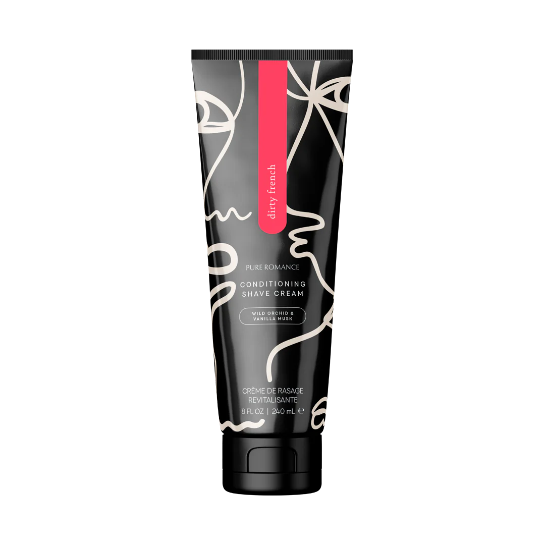 Conditioning shave cream tube, pink accent, Pure Romance label and silver cap
