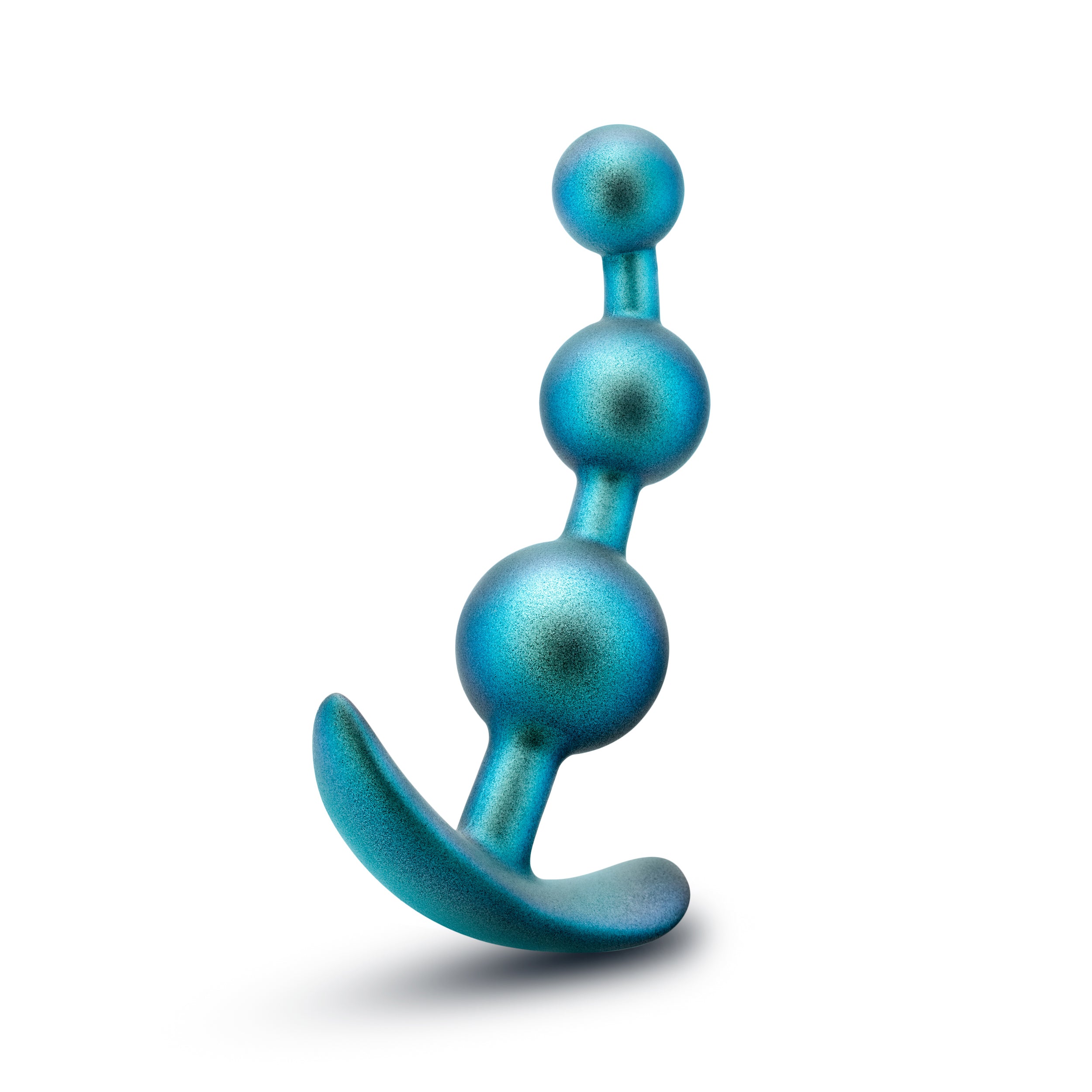 Gamma plug: metallic teal silicone anal plug with three rounded beads and curved tail