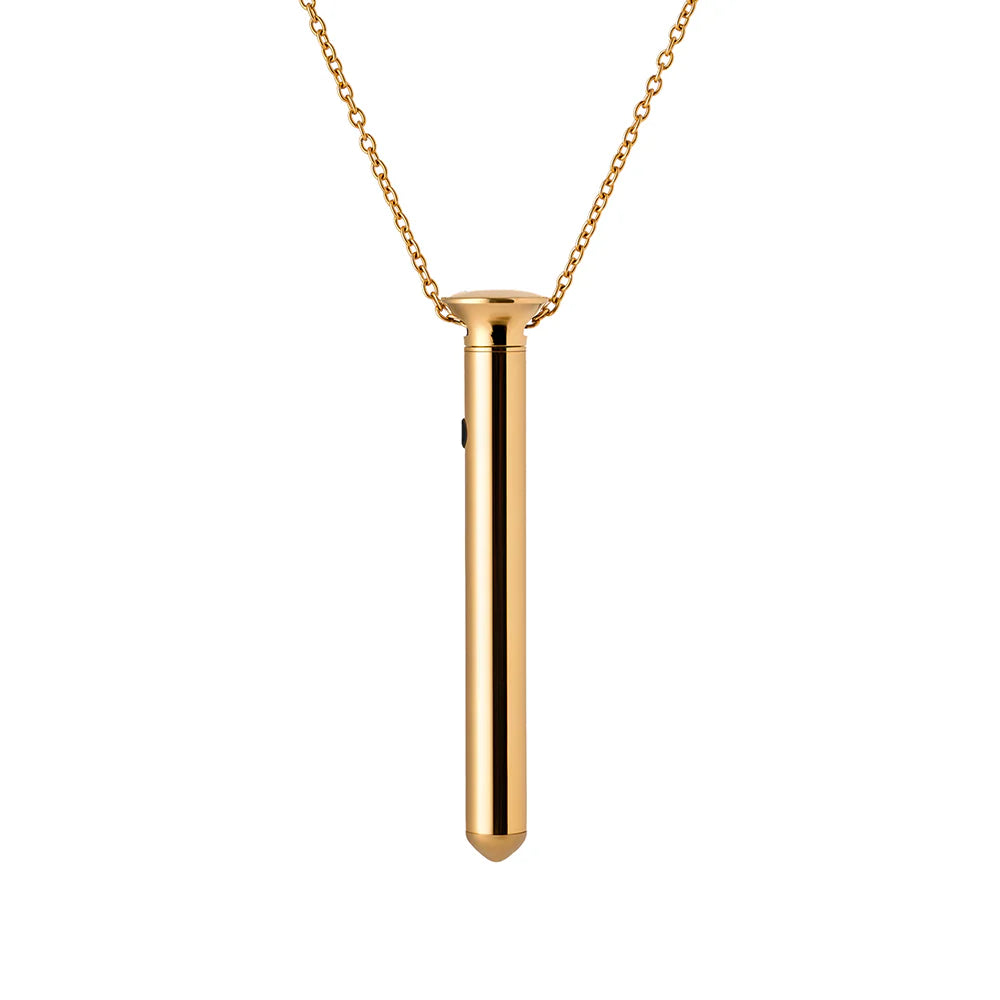 Gold pendant necklace with slim cylindrical bar and chain