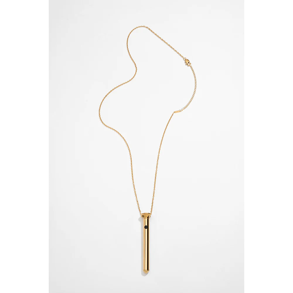 Gold pendant necklace with slim cylindrical bar and chain