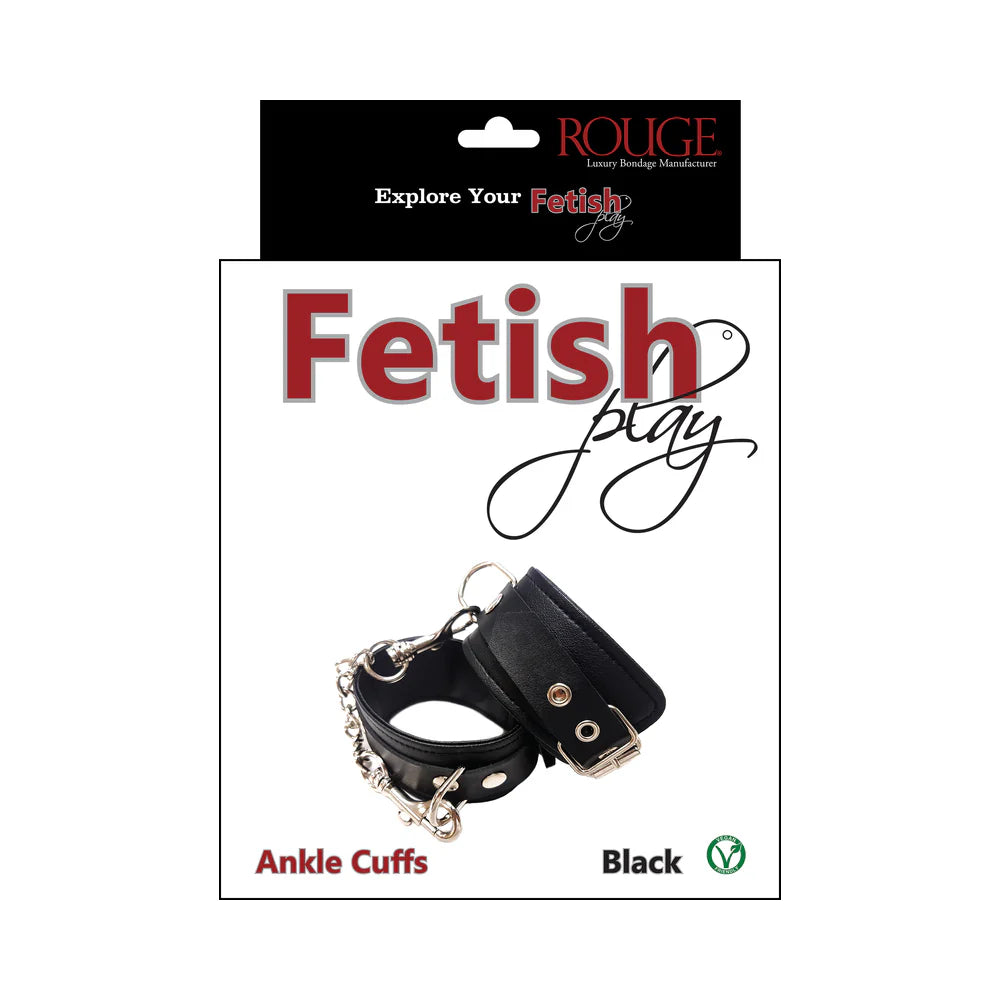 Ankle cuffs gift box showing black cuffs with chain and metal hardware