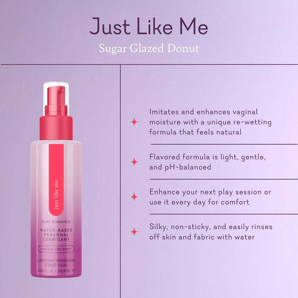 Personal lubricant bottle with pink pump and sugar-glazed donut label