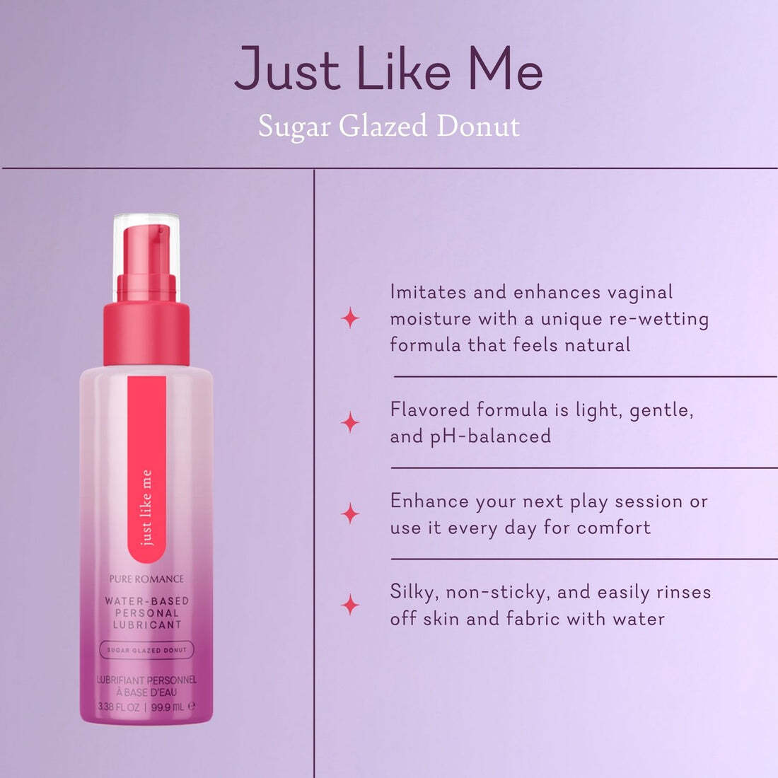 Personal lubricant bottle with pink pump and sugar-glazed donut label
