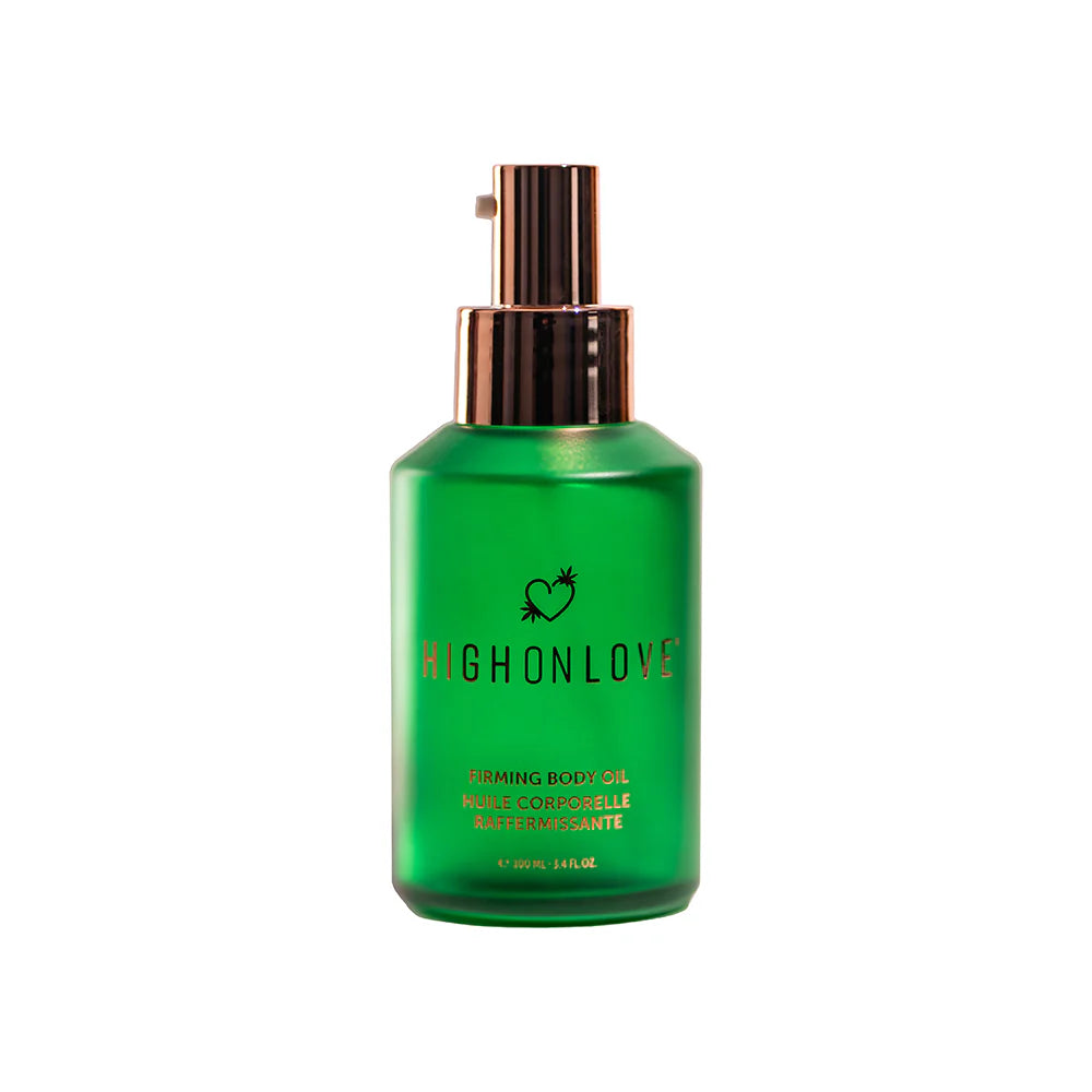 Luxury firming body oil bottle, green glass with rose-gold pump, HIGHONLOVE label.