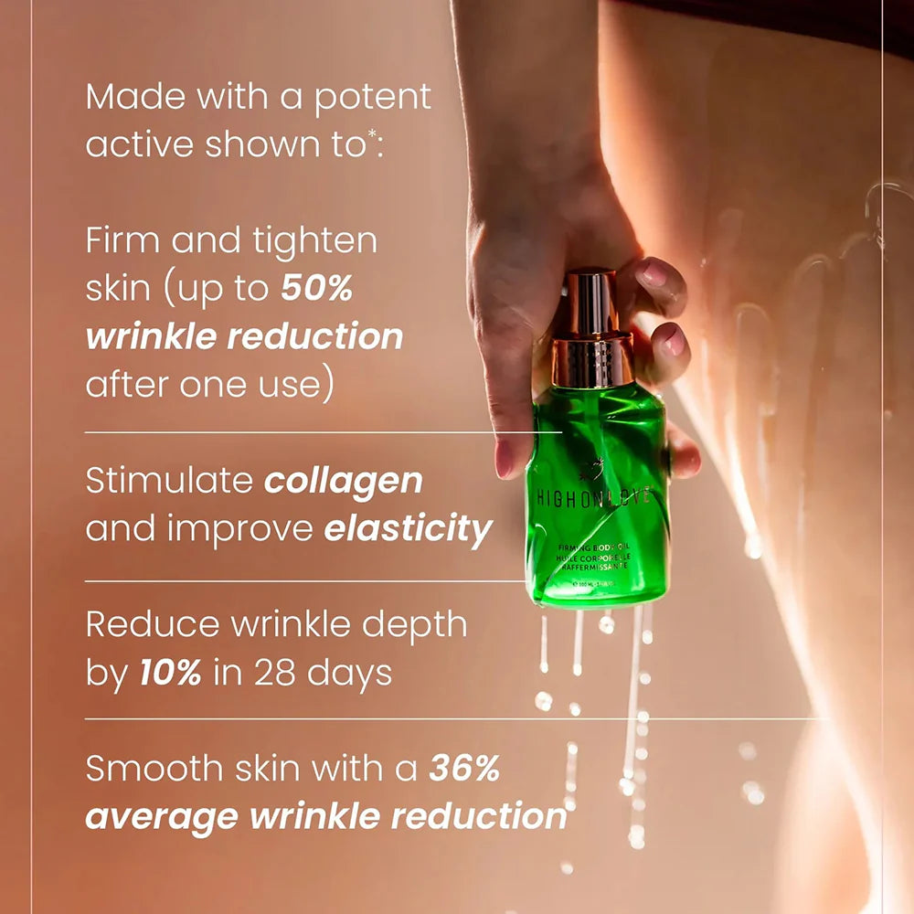 Green firming body oil bottle held in hand, with visible spray droplets and pump top.