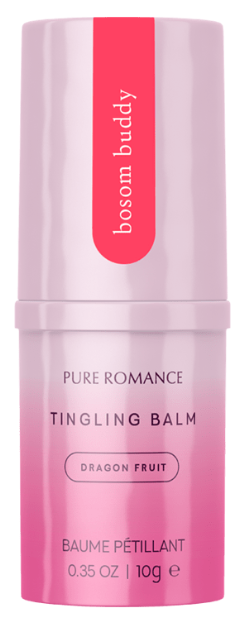 Bosom Buddy tingling balm, Dragon Fruit flavor, pink and clear tube container