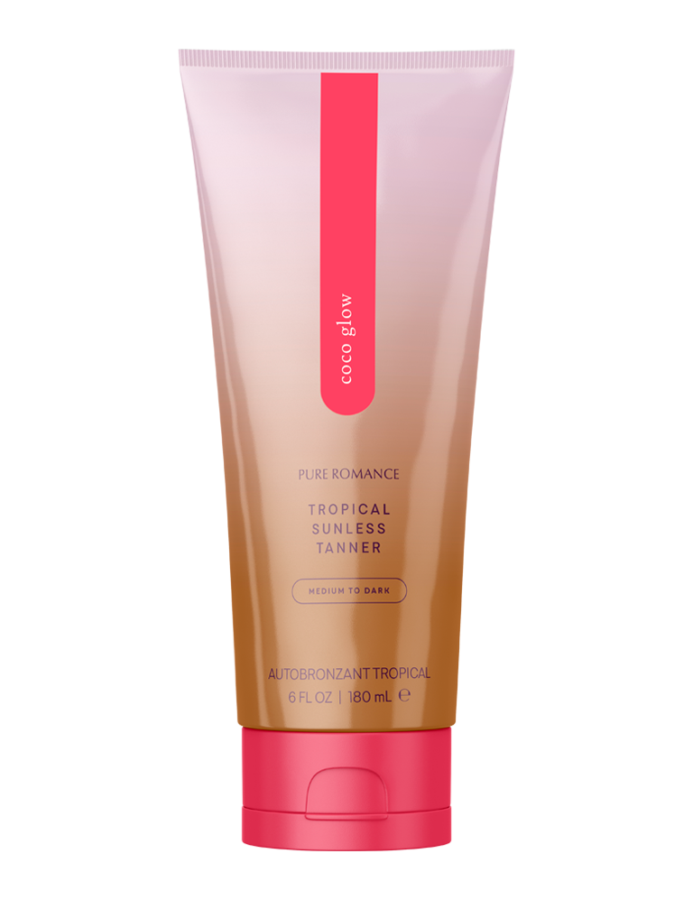 Coco Glow self tanner squeeze tube, rosy-pink cap and center vertical logo stripe