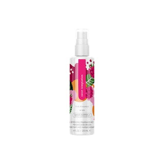 White fragrance mist spray bottle with colorful floral label and pump top
