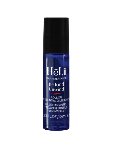 HeLi Be Kind, Unwind roll-on perfume bottle with blue label and black cap