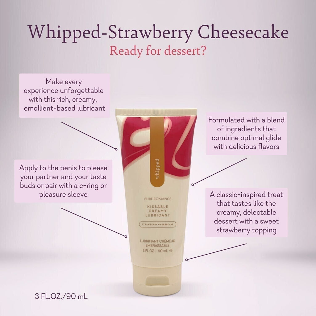 Squeezable lubricant tube with strawberry cheesecake-style swirl graphic and flip-top cap