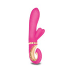 Pink mini personal massager with curved gold-tone ring and dual-touch tip