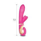 Pink mini personal massager with gold-tone ring; size measurements shown