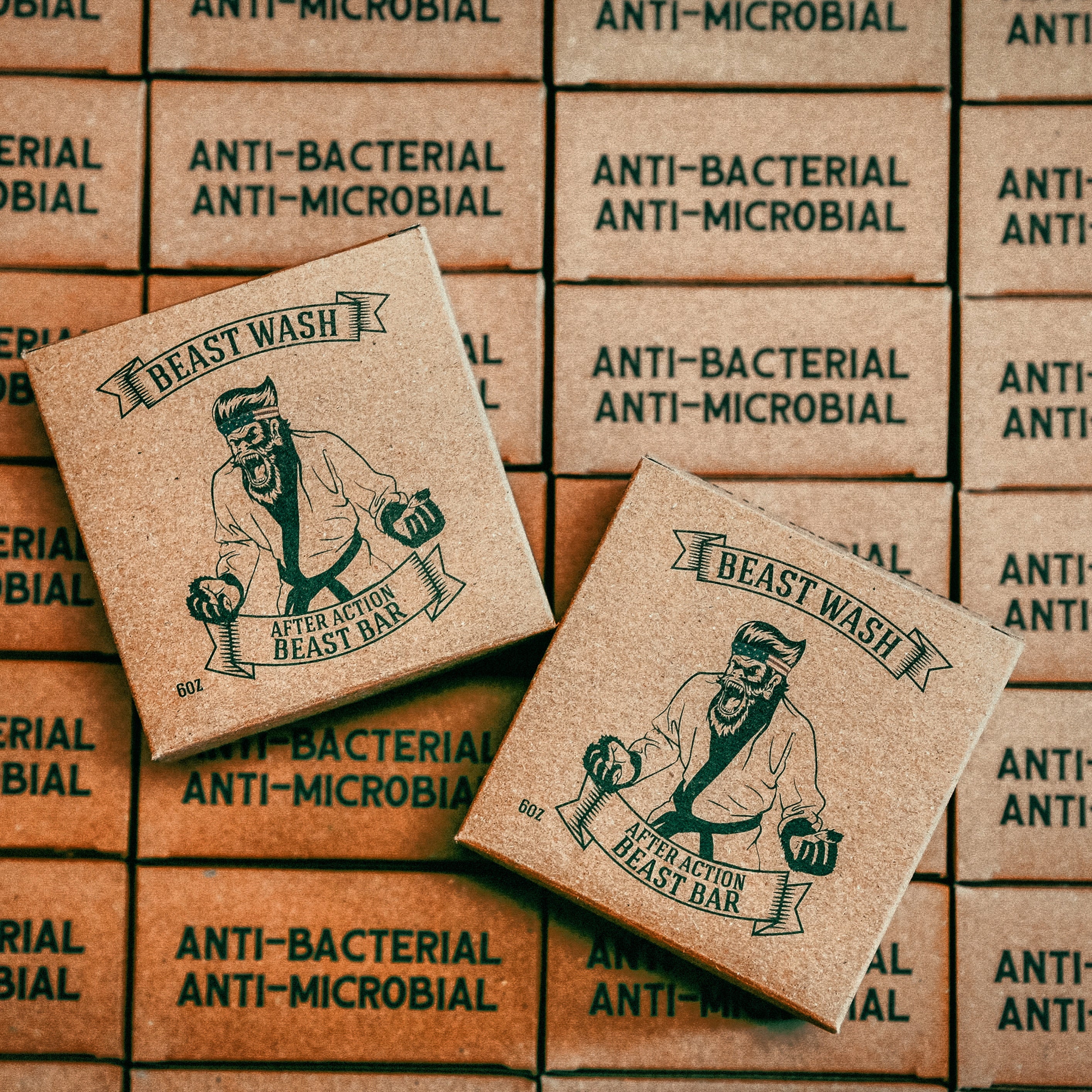 Cardboard Beast Wash boxes with bearded fighter graphic showing After Action Beast Bar