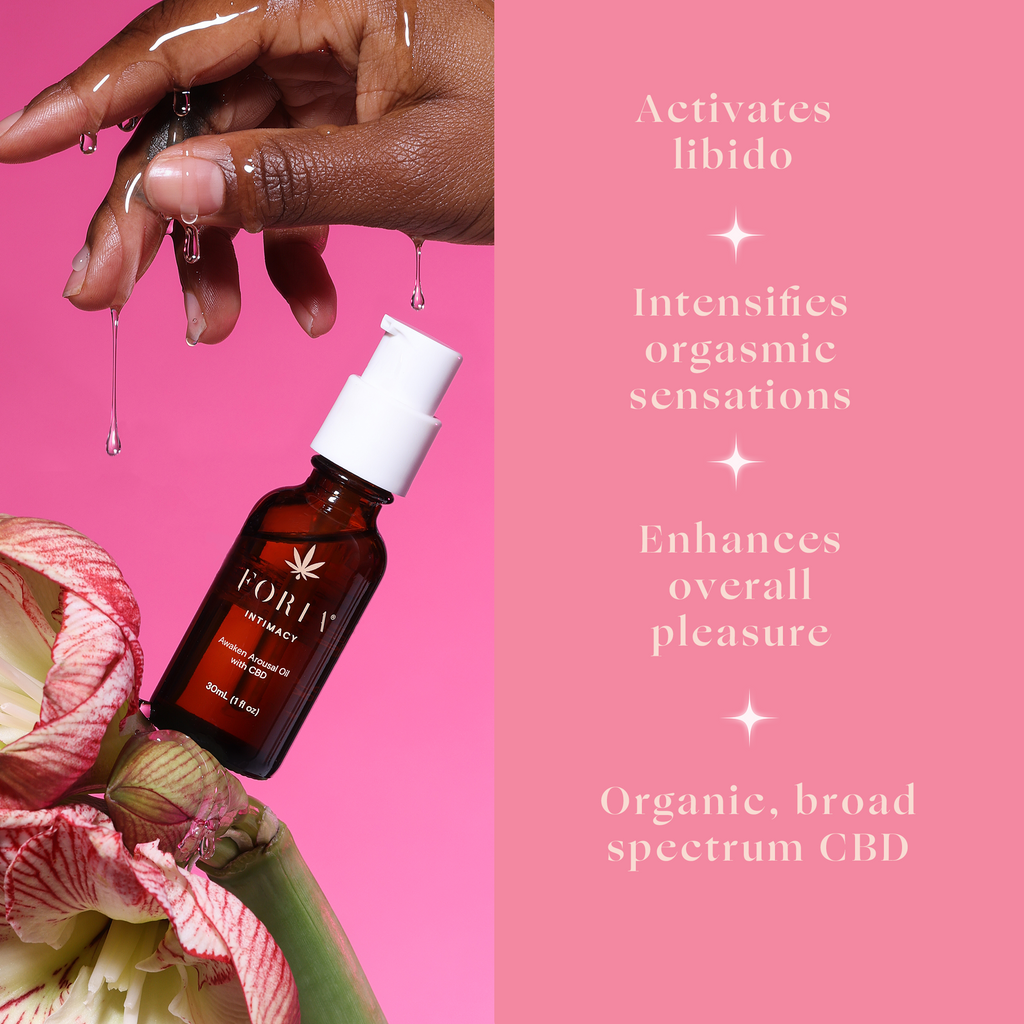 CBD arousal oil bottle with dropper and floral petals