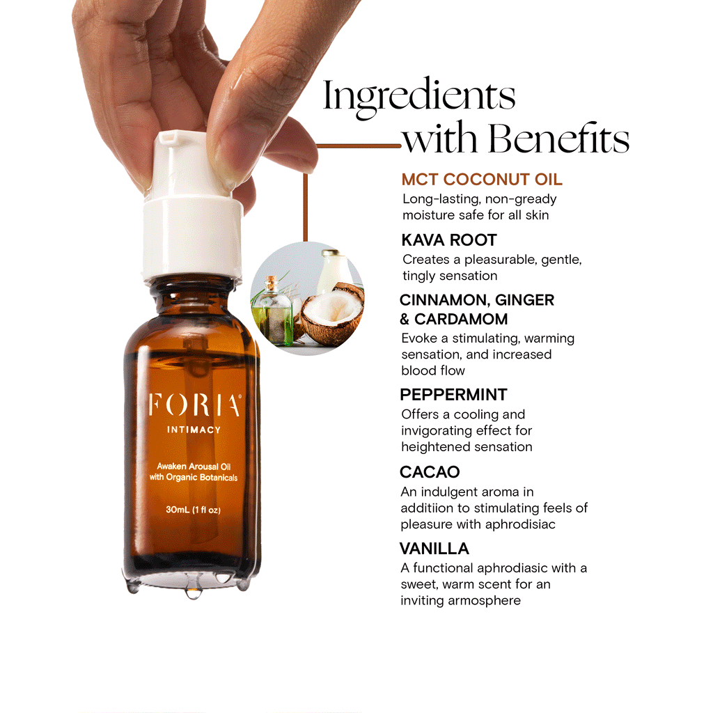 Amber oil bottle with white pump and ingredient callouts