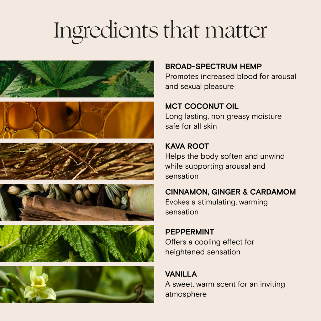 CBD arousal oil ingredient card listing hemp and botanical oils
