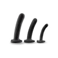 Three black curved dildos with flared bases, smooth satin texture