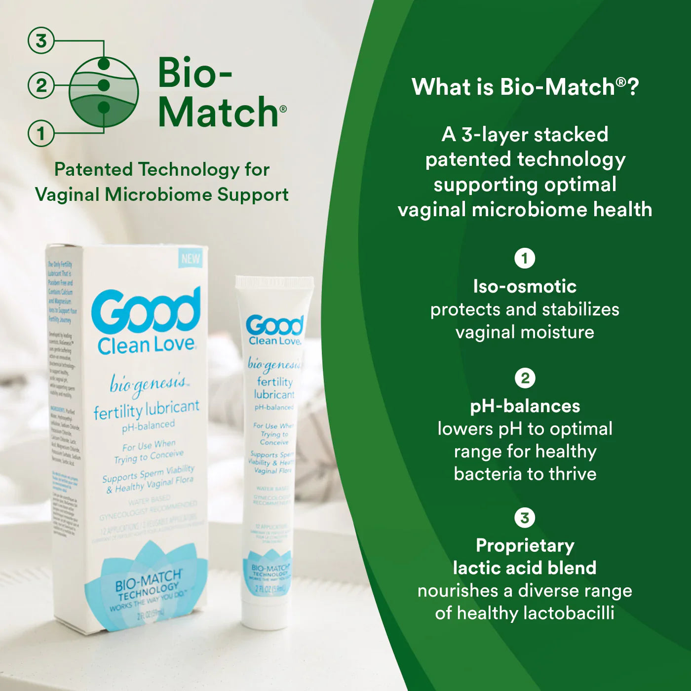 BioGenesis fertility lubricant box and tube with Bio-Match microbiome support graphic