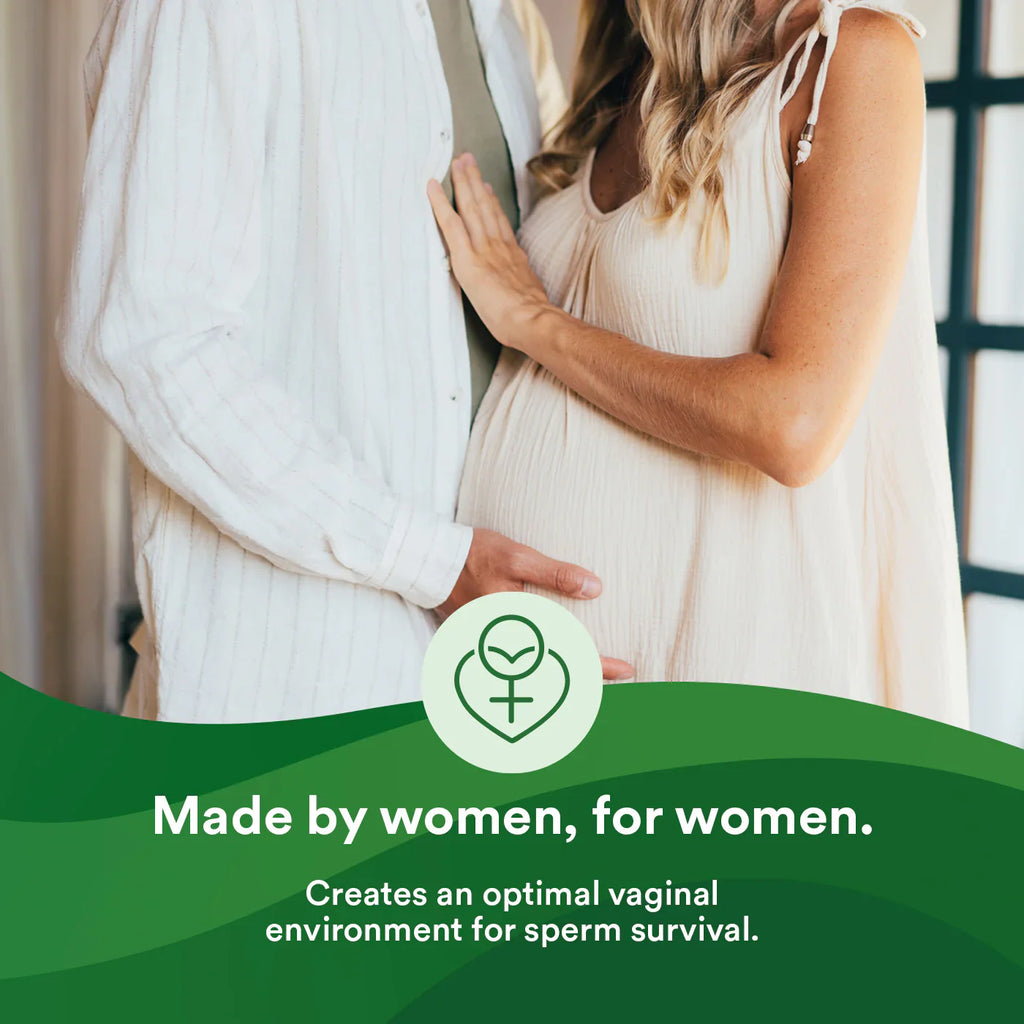 Fertility lubricant marketing badge with heart icon over a woman and partner