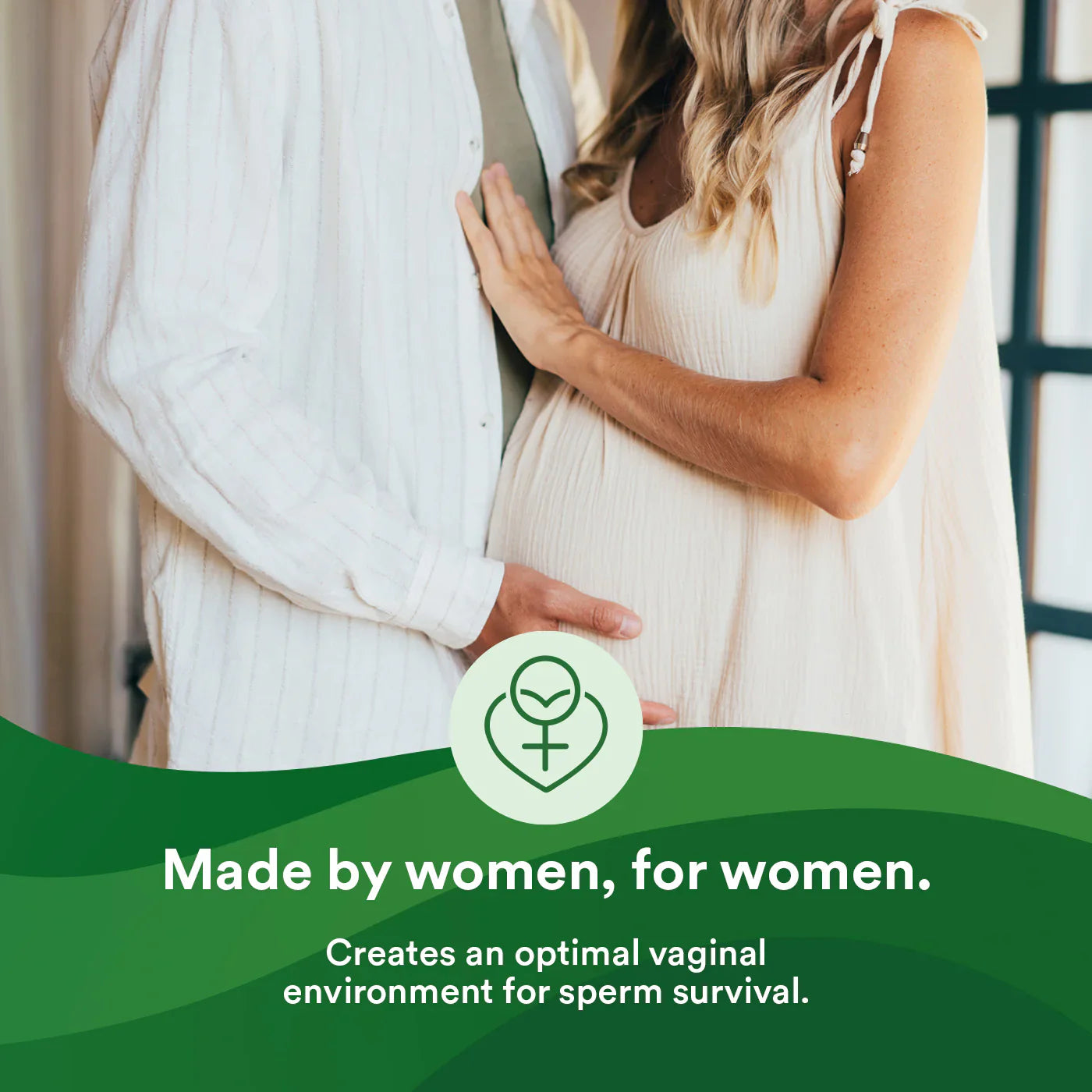 Fertility lubricant marketing badge with heart icon over a woman and partner