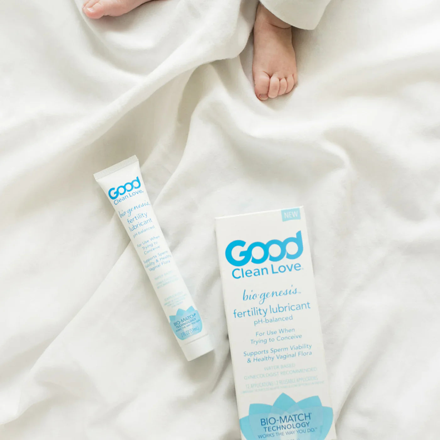 BioGenesis fertility lubricant tube with blue label, held on white packaging surface