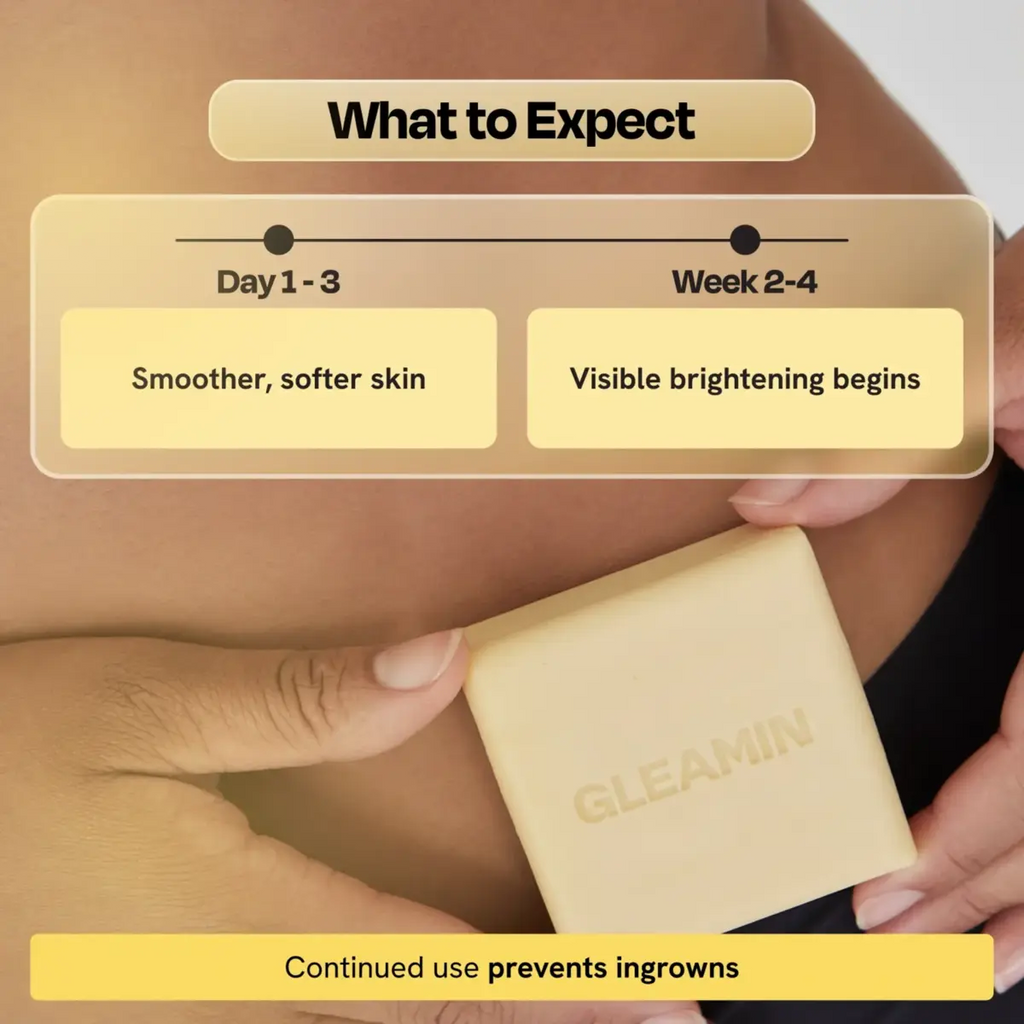 Cream square body bar soap held against skin, showing faint branding