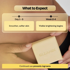 Cream square body bar soap held against skin, showing faint branding