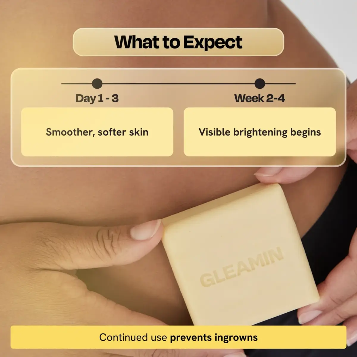 Cream square body bar soap held against skin, showing faint branding