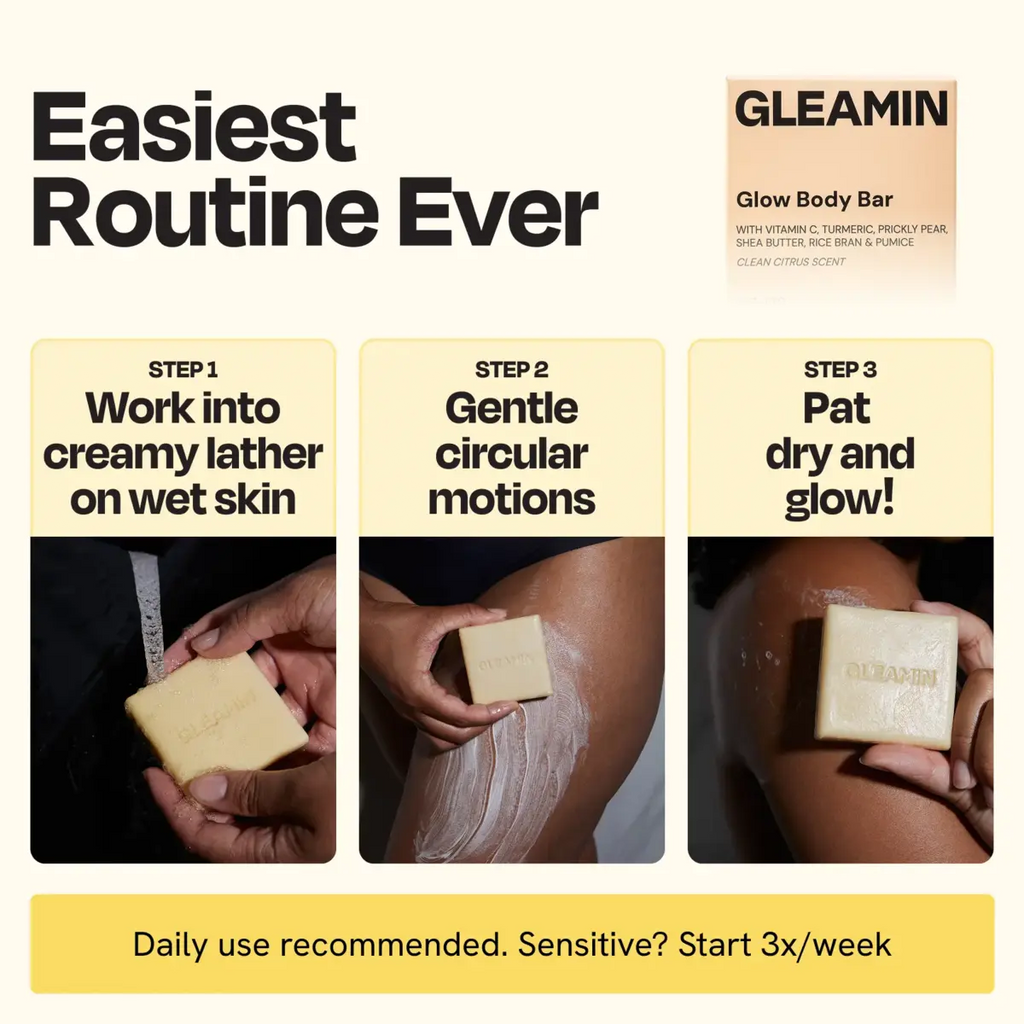 Cream square body bar soap in hands with lather on skin