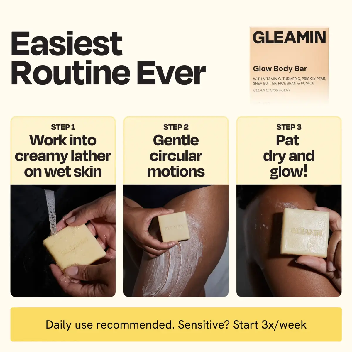 Cream square body bar soap in hands with lather on skin