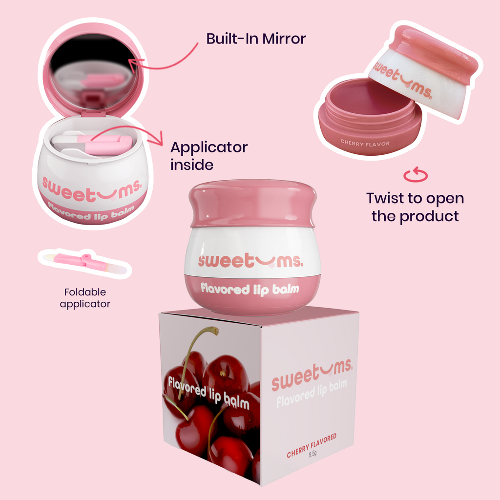 Cherry flavored lip balm jar showing built-in mirror, applicator, and twist lid